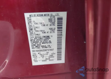 2005 Nissan Armada Se из США, поврежденный, VIN 5N1AA08A25N737897